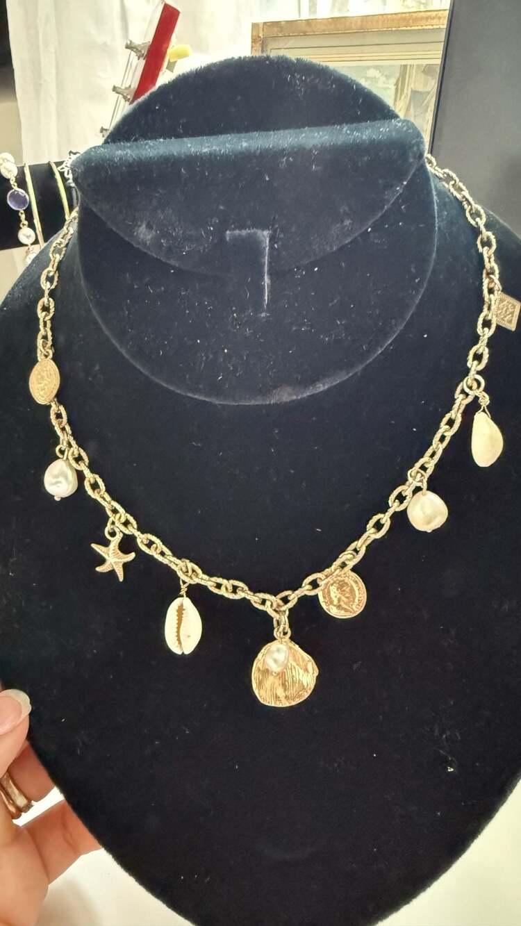 Gold-Tone Charm Necklace with Seashells, Starfish, and Coin Charms
